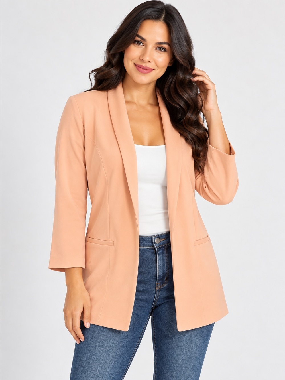 FASHION NOVA Blazer Peach Open Front Stretchy Material Ruched Sleeves NWT 1X